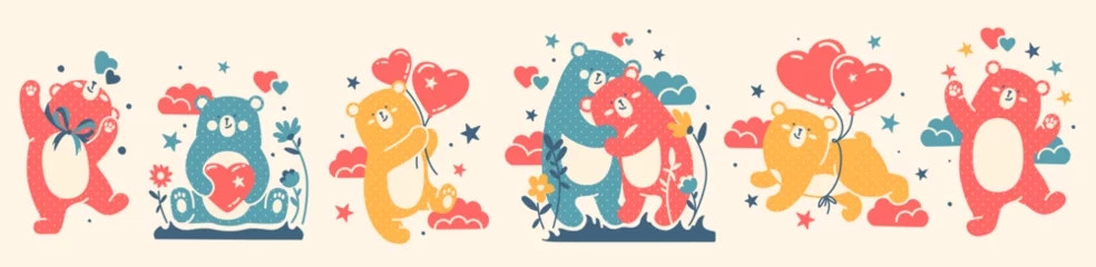 Fotobehang Large Doodle vector collection of funny, cute bears and hearts. Love, happiness concept for Valentine's Day, 14 February. Naive flat illustration. Hand drawn Scandinavian style. © Vigurskaia Sofiya