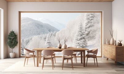 minimalist modern Scandinavian dining room interior with a large panoramic window and a view of the snowy forest