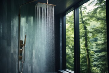 A rain shower head delivers water in a spacious marble bathroom with a window overlooking a tropical garden.