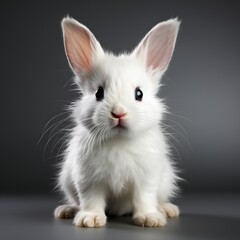 cute white rabbit on a dark gray background, studio photo