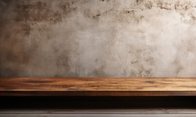 Wooden table and concrete sunlit wall, product mockup template