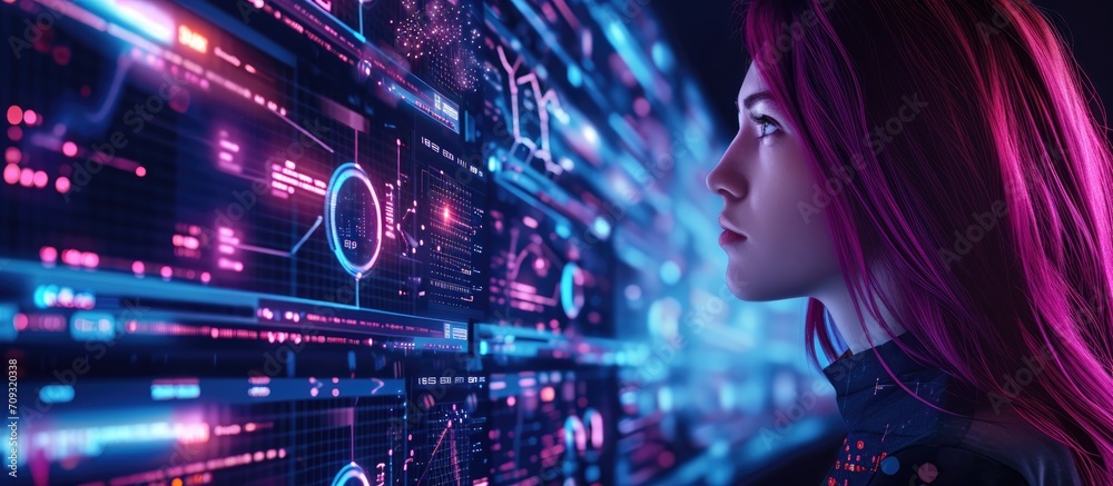 Poster woman using ai assistant and web console on virtual screen to search and seo computer data.