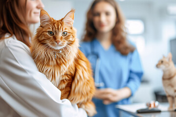 Young Woman with Her Beloved Maine Coon at Veterinary Clinic, Vet Examining the Cat