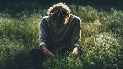 Portrait of a young depressed man sitting on grass