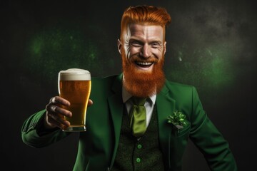 Man with beard in green costume at St Patrick day on background - obrazy, fototapety, plakaty