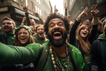 Happy people in St Patrick's Day outfits with beer taking selfie outdoors