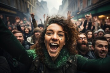 Happy people in St Patrick's Day outfits with beer taking selfie outdoors