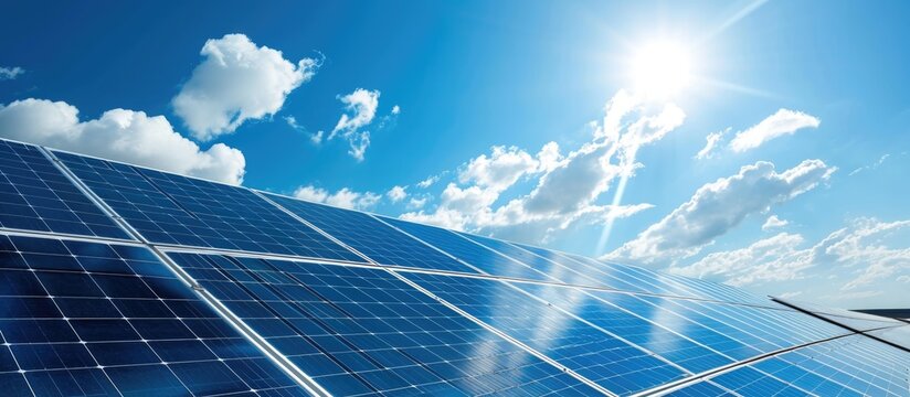 Solar panels on industrial building roof generating renewable energy.