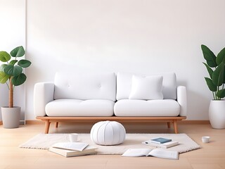 White knitted pouf near sofa against wall with copy space. Minimalist home interior design of modern living room