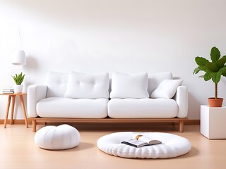 Fototapeta na wymiar White knitted pouf near sofa against wall with copy space. Minimalist home interior design of modern living room