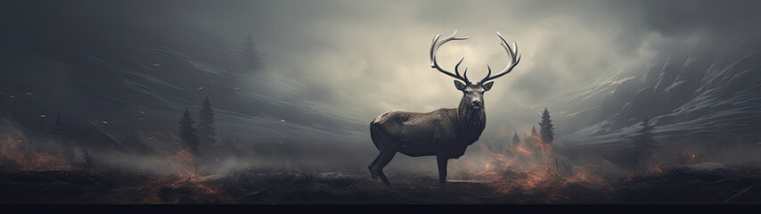 Stag Standing Resolute in a Forest Engulfed by Mist and Embers