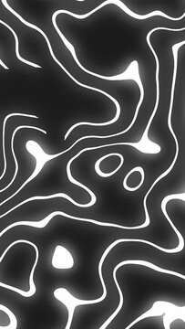 Abstract moving white glowing lines on a Black background seamless looped animation. Abstract moving topographic map lines. Moving waving lines on black background.
