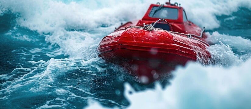 Red lifeboat sailing in cold waves.