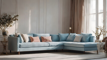 A pastel blue living room