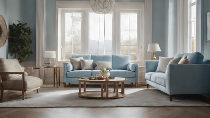 A pastel blue living room