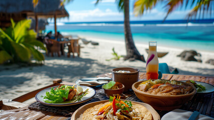 Tropical Delight: Outdoor Restaurant on a South Pacific Beach - obrazy, fototapety, plakaty
