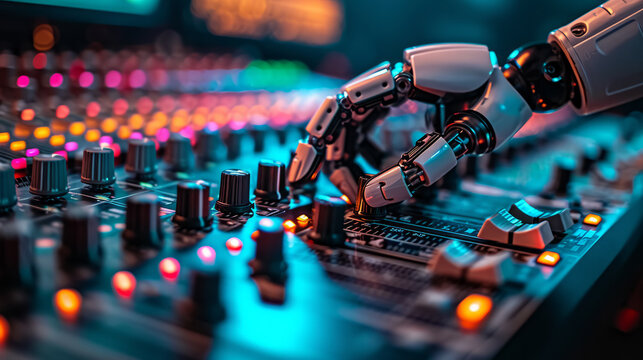Robot disc jockey hand at dj mixer, close up view in nightclub.