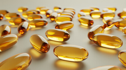 Omega-3 capsules on white background. Fish oil in pills. - obrazy, fototapety, plakaty