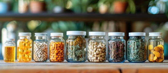 Honeycomb jars hold pills and supplements, along with medicinal herbs. - obrazy, fototapety, plakaty