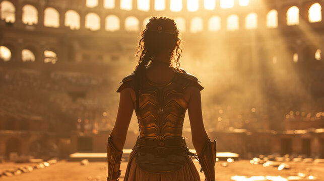 Back view of ancient woman warrior or gladiator in the arena.