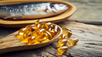 Fish oil capsules in spoon. Yellow omega 3 pills in a wooden spoon on the wooden table. - obrazy, fototapety, plakaty