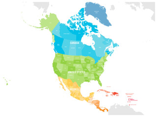 Political map of North American countries Canada, United States of America, Mexico with administrative divisions. Central American Countries and Caribbean Region. Colorful blank map. Vector