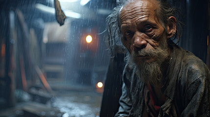 Fototapeta na wymiar Man in the Rain with a Glimmer of Hope in His Eyes