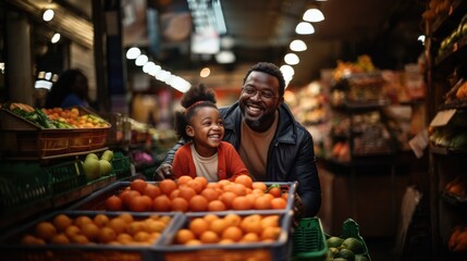 African man parent with daughter choosing fruits and vegetables on city market - obrazy, fototapety, plakaty