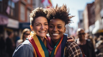 Fototapeta premium Diverse leasbian woman at pride parade walking with rainbow flags, celebrating LGBTQ rights