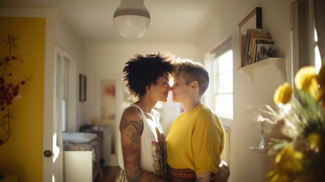 LGBT Lesbian couple love moments at home, happiness concept