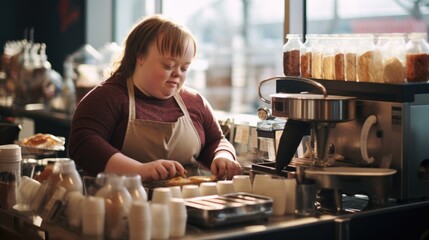Young woman with down syndrome working in city cafe