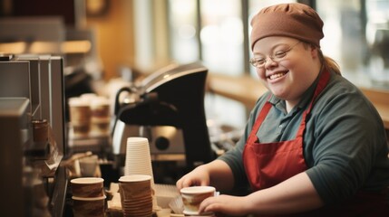 Young woman with down syndrome working in city cafe
