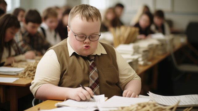 Boy with down syndrome study in special school