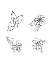 set of decorative flower vector illustrations b&w line art