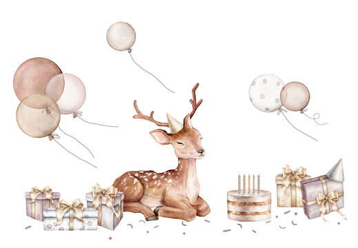 Watercolor Air Balloons and isolated background and baby deer. Hand drawn illustration for greeting cards. Cake and box gif. Set for party celebration. Happy birthday decor and animal on pastel color