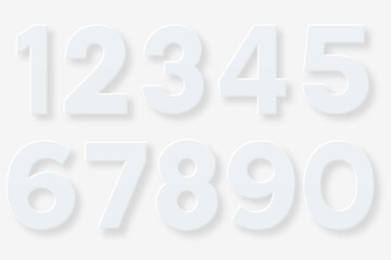 Set of numbers in paper style with soft shadows. White paper font