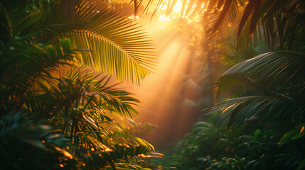 Jungle at sunrise or sunset. The sun's rays illuminate the leaves and branches of palm trees.