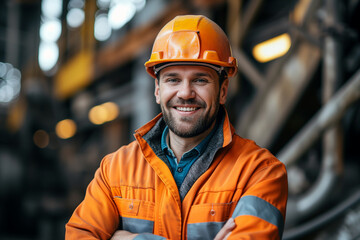 Portrait of smiling heavy industry engineer or worker wearing safety uniform and hard hat.