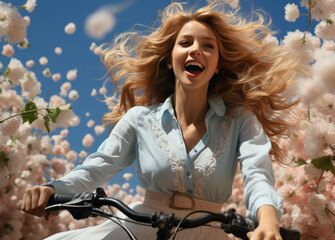 Fototapeta na wymiar Young happy smiling blonde woman in blue dress rides bicycle among cherry blossoms, sakura trees in spring