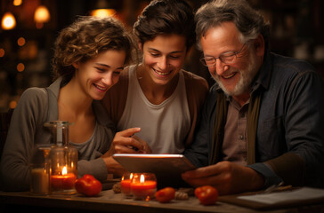 Fototapeta na wymiar Two young women, daughters and senior bearded gra-haired man, father sit at table with candles, look at tablet and smile on background of room
