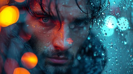 a man stares out a window in the rain as his face reflects the bright lights - obrazy, fototapety, plakaty