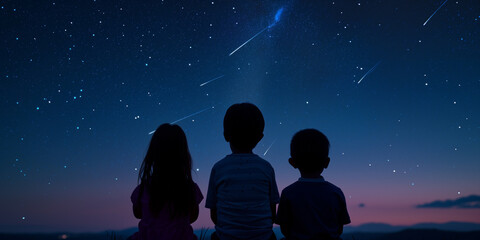 ペルセウス座流星群を見る子どもたち - obrazy, fototapety, plakaty