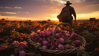 Foto op Plexiglas A basket of tulips on background of walking away man and sunset over field © Dmitry Lobanov