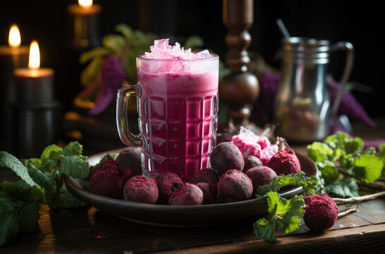 Transparent mug, glass with smoothie, healthy natural drink made from berries and vegetables is on table surrounded with berries