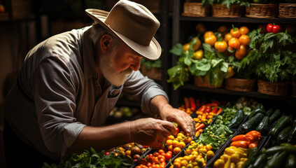 Senior man, grayhaired and bearded grandfather in hat, old farmer process the harvest of fruits, coffee beams over dark background - 709323902