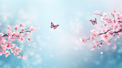 Serenity blooms with cherry blossoms and butterflies, a scene that captures the delicate beauty of Hanami, the Japanese flower viewing - obrazy, fototapety, plakaty