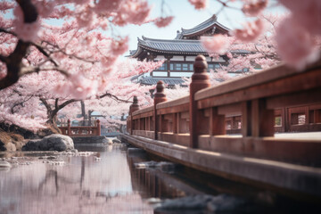 Obraz premium Cherry blossoms frame a tranquil Japanese temple and bridge, reflecting the serene beauty of Hanami, a time-honored celebration of spring