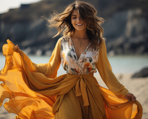 Young happy smiling curly woman in summer clothes, wide light maxi skirt and blouse walks dances on a beach - 709323996