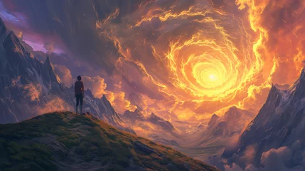 Papier peint photo Chambre de fille A person standing on a hill overlooking mountains and divine light from heaven. Surreal epic 3d landscape.  © Andrii