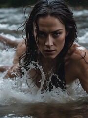 Woman in water with seductive expression. Wet hair, water splashing, river stream. Fashion style.